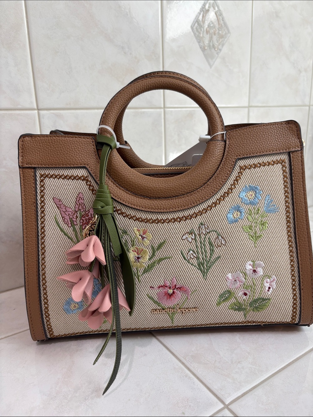 Nanette Lepore Natural Twill /Brown Sugar Floral-Embroidered Shoulder Satchel
